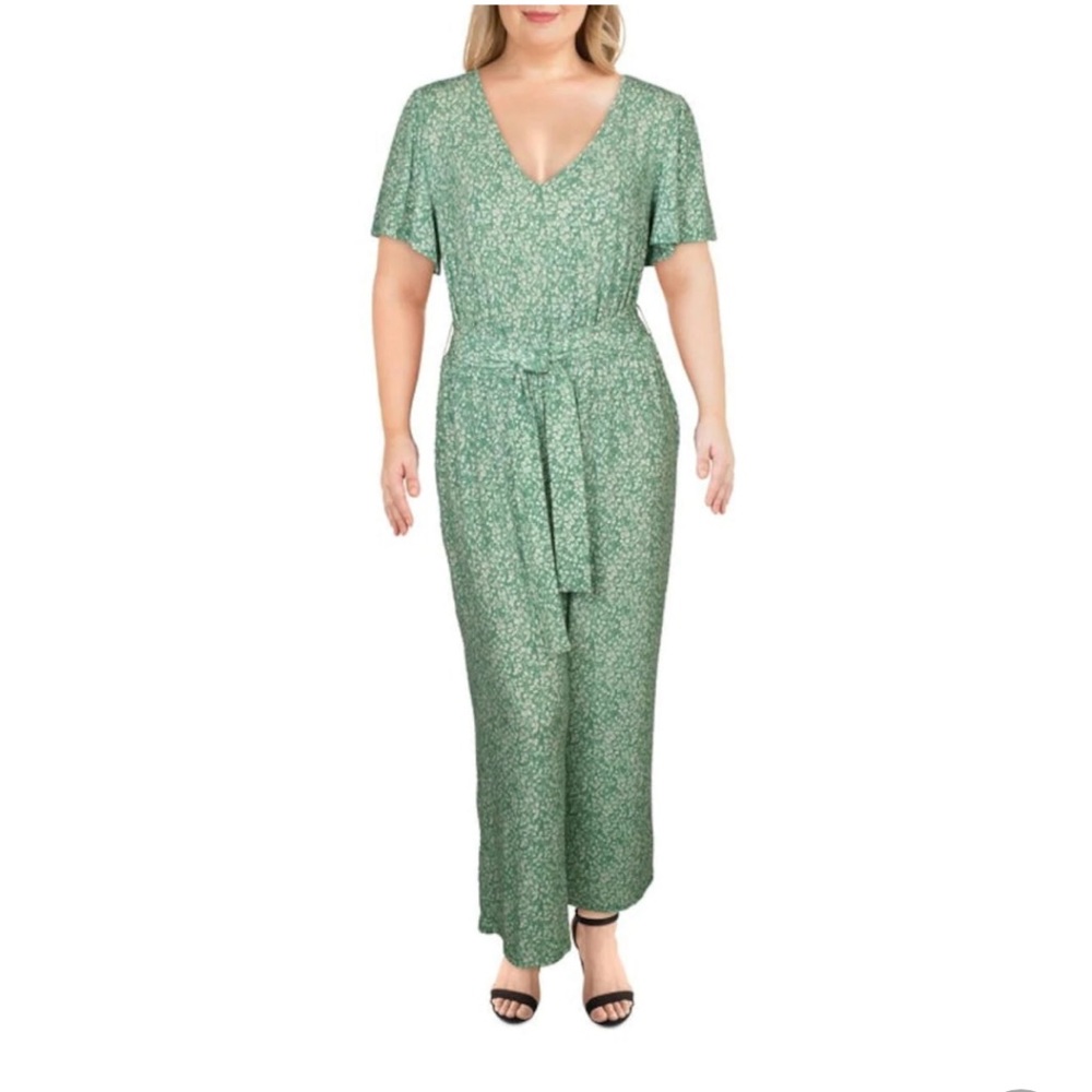 1. STATE Belted Floral Short Sleeve V Neck Straight leg Jumpsuit